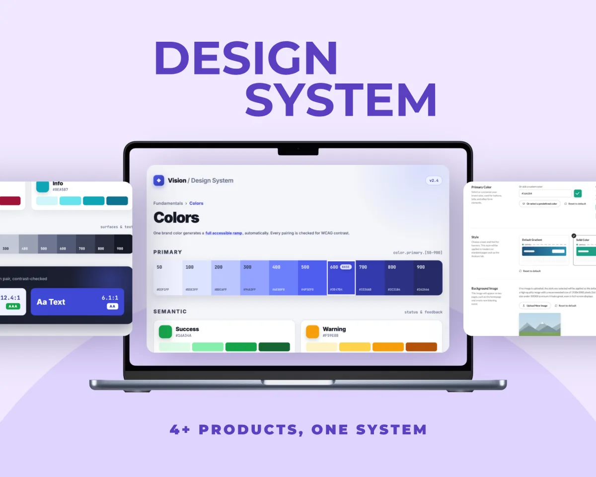 Design System — 4+ products, one system: the Vision colors documentation with accessible tonal ramps