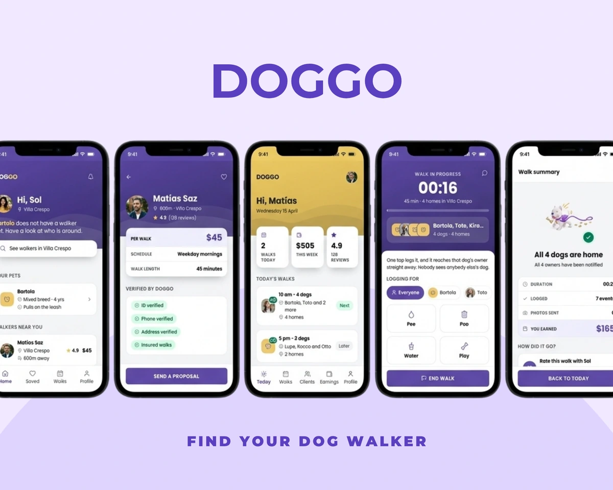 DOGGO, find your dog walker: five screens from both apps, the pet parent's side in violet and the walker's in yellow