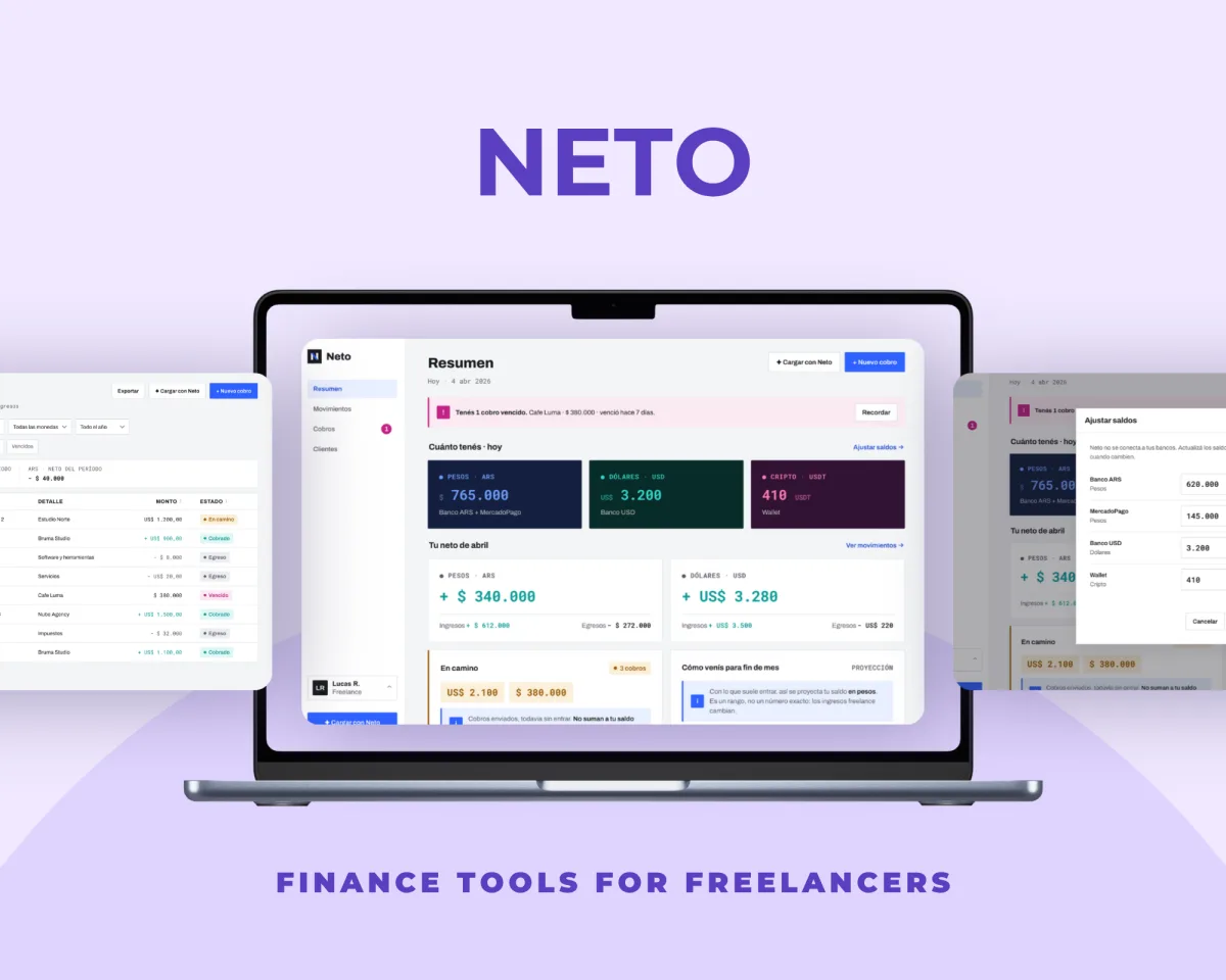 Neto — finance tools for freelancers: the summary screen with net balance per currency