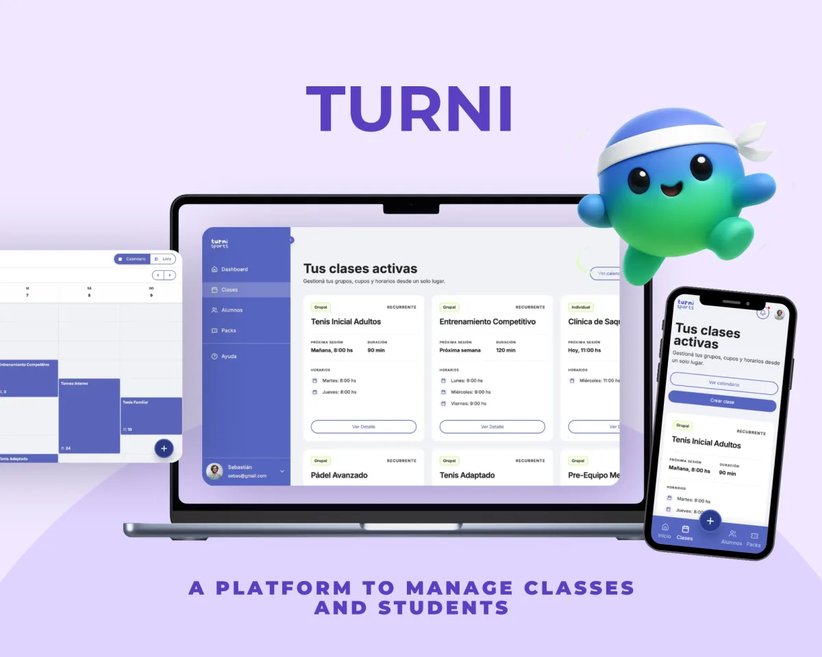 Turni — a platform to manage classes and students, shown on desktop and mobile