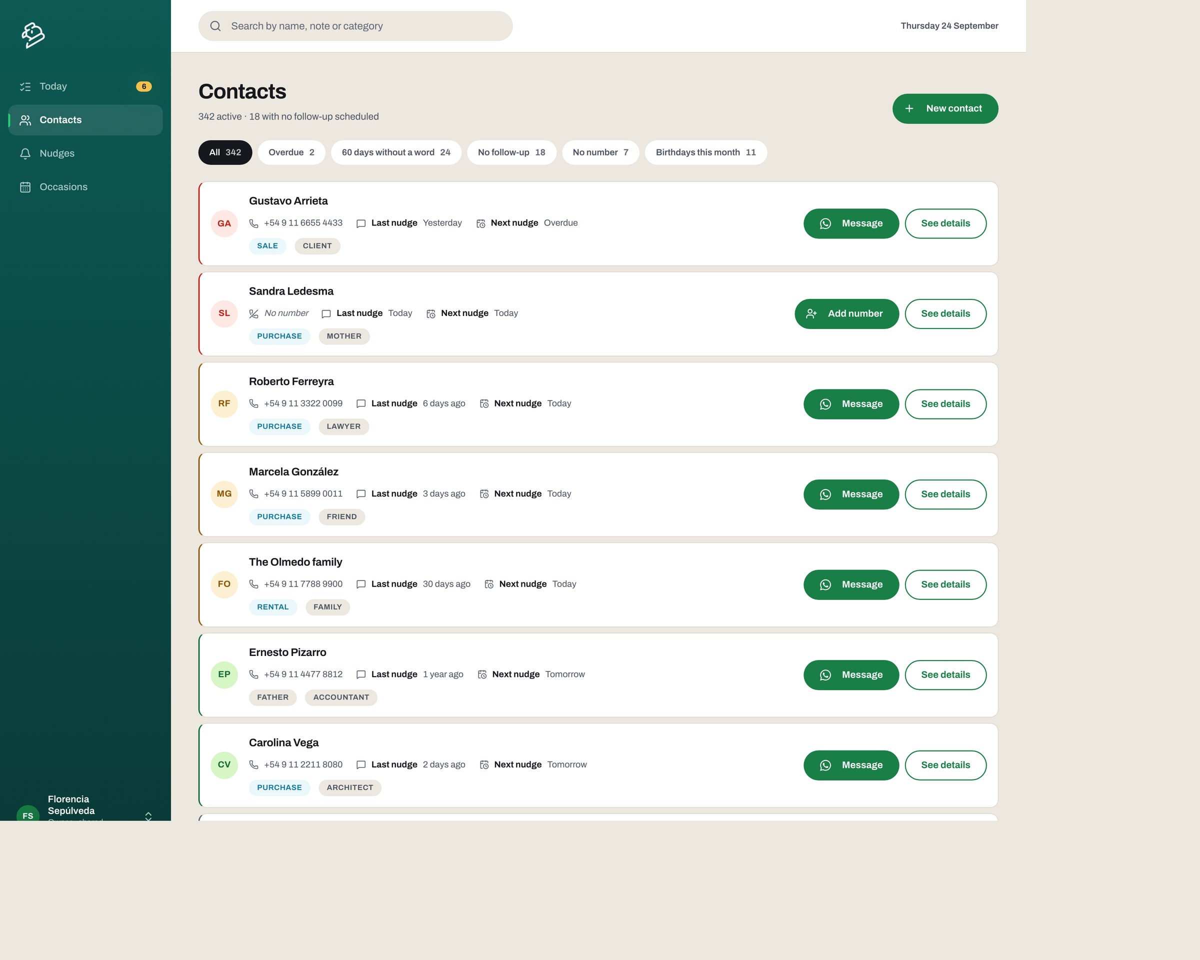 The contact list with filters that describe behaviour: who is overdue, who never replied, who has no follow-up set