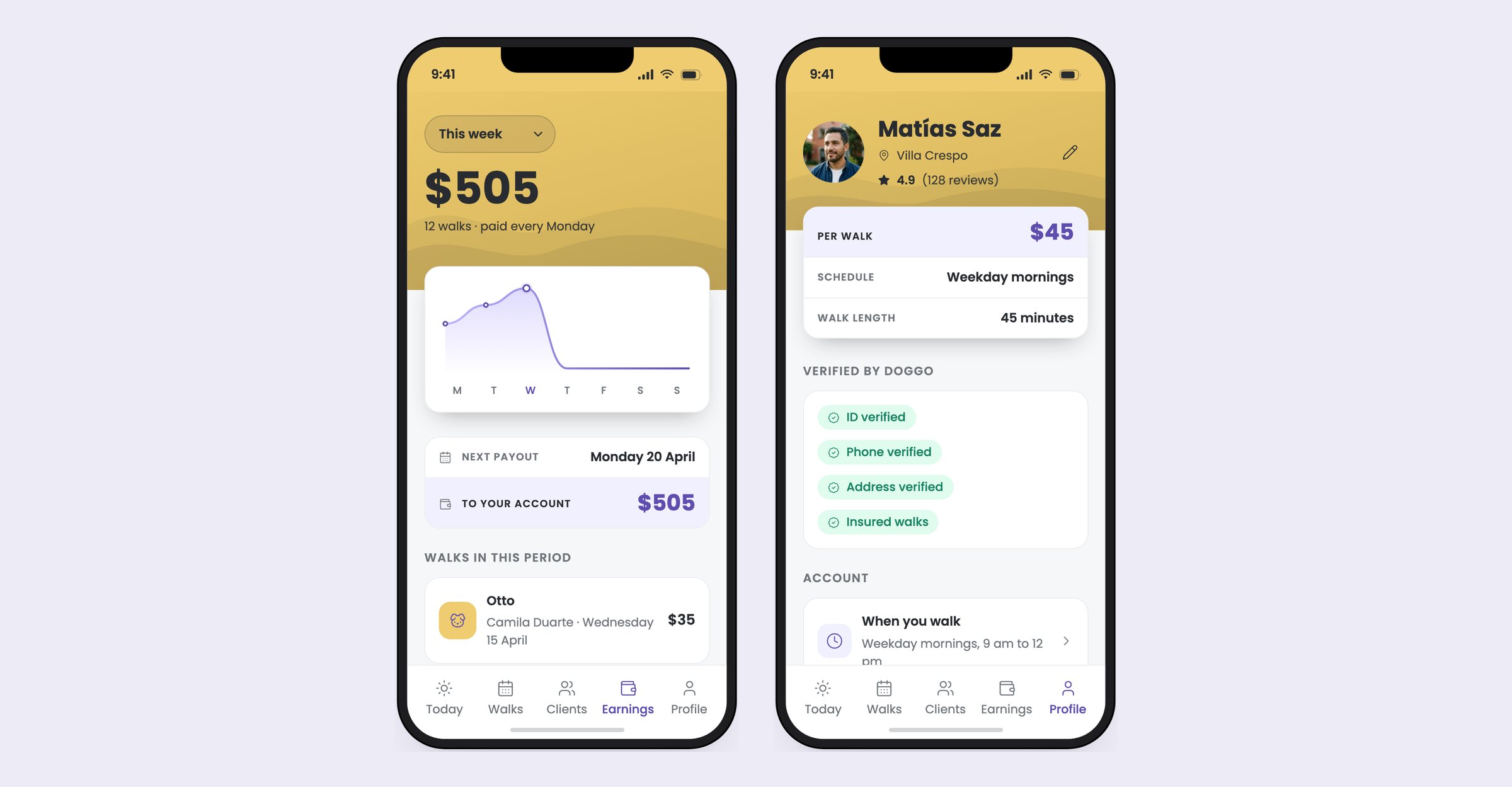 Two screens: the earnings screen with a date range selector and a line chart, and the walker's own profile with his rate and verifications