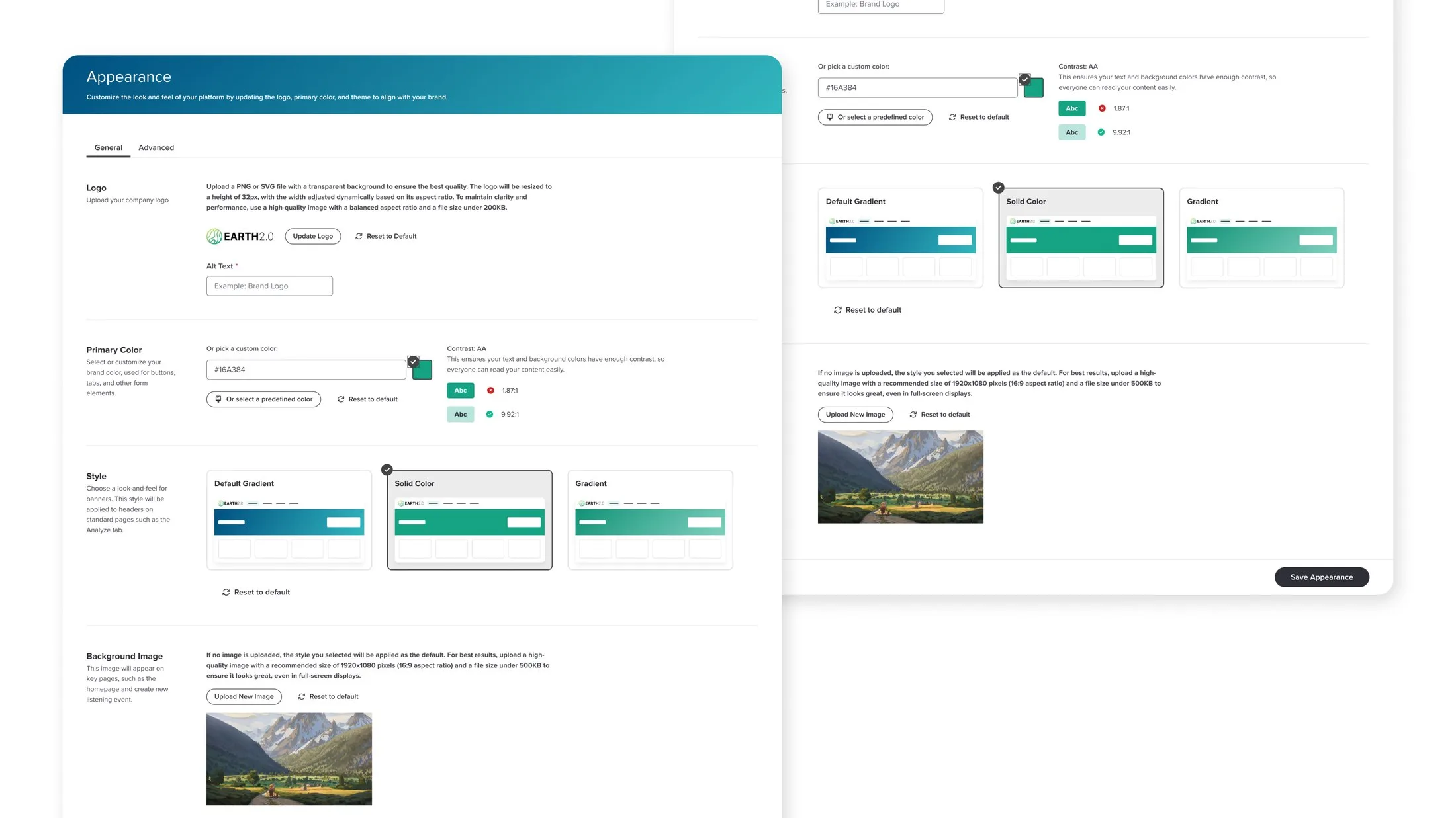 The platform's Appearance settings: a customer picks their brand color and the system checks contrast in real time, showing which text and background pairs pass accessibility.
