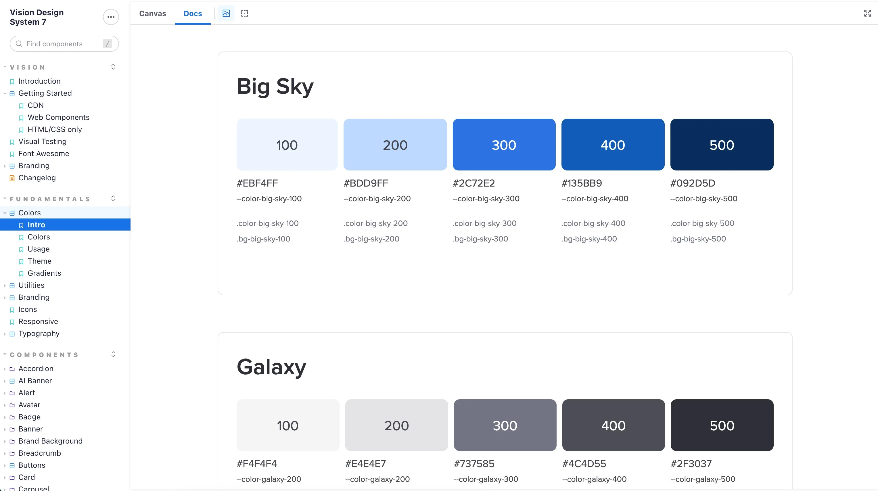 The color scales documented in Storybook, with hex values and token names.