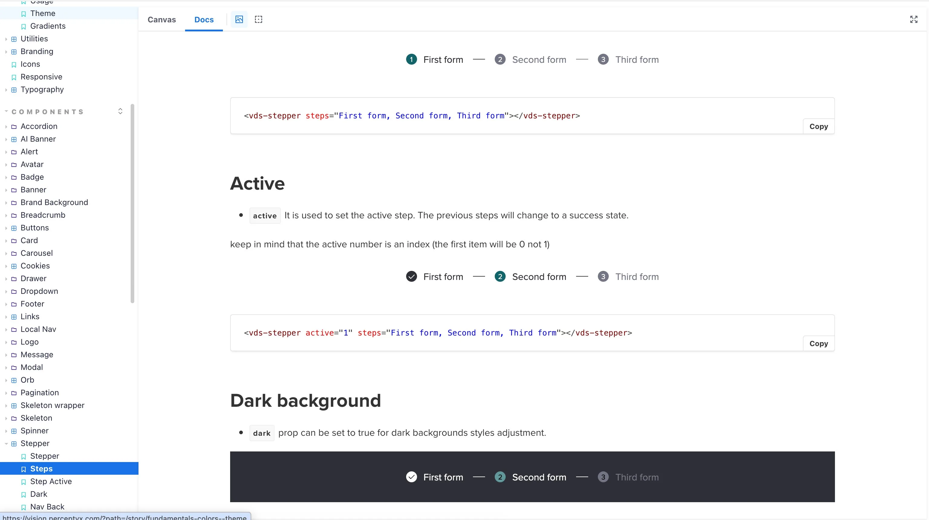 A component documented in Storybook: the stepper with its states and code snippet.