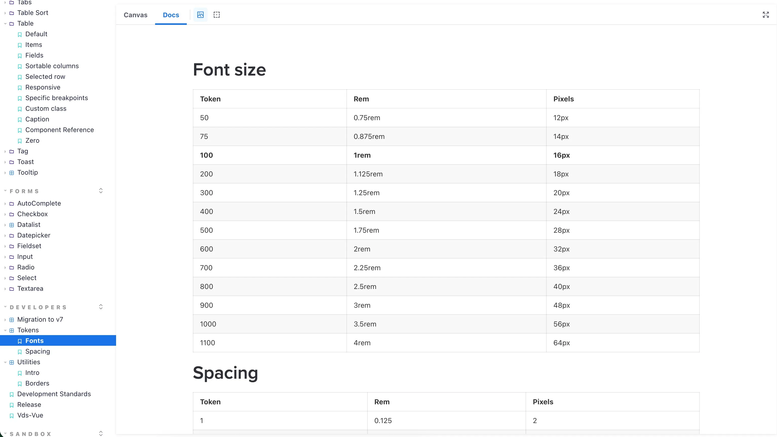 The token foundation in Storybook: font-size and spacing scales as documented tokens with rem and pixel values.
