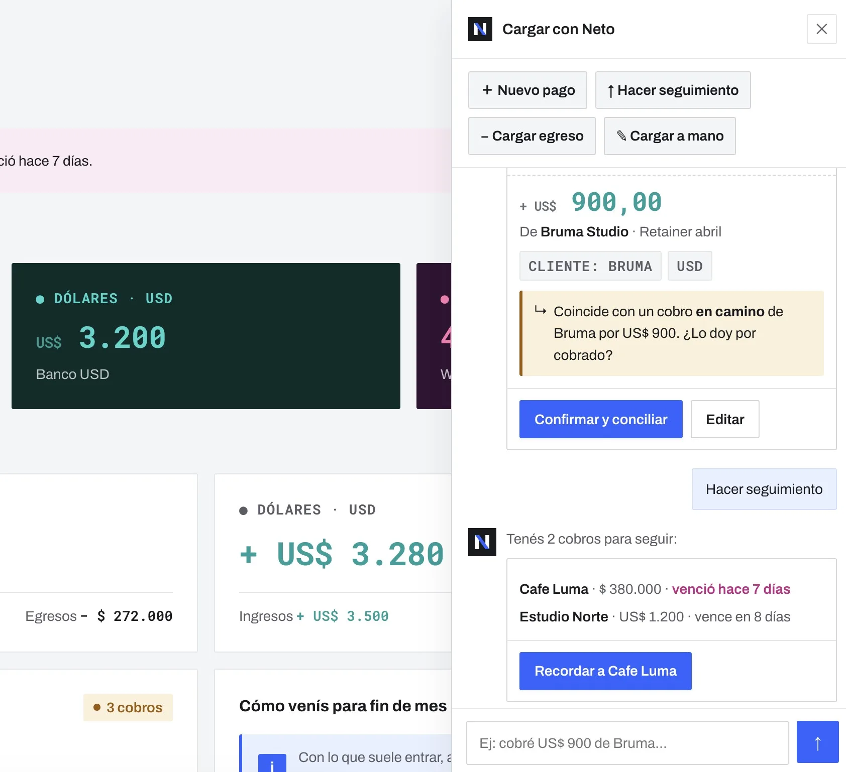 The capture chat: a payment written in plain language, parsed into a movement and reconciled with a pending charge.