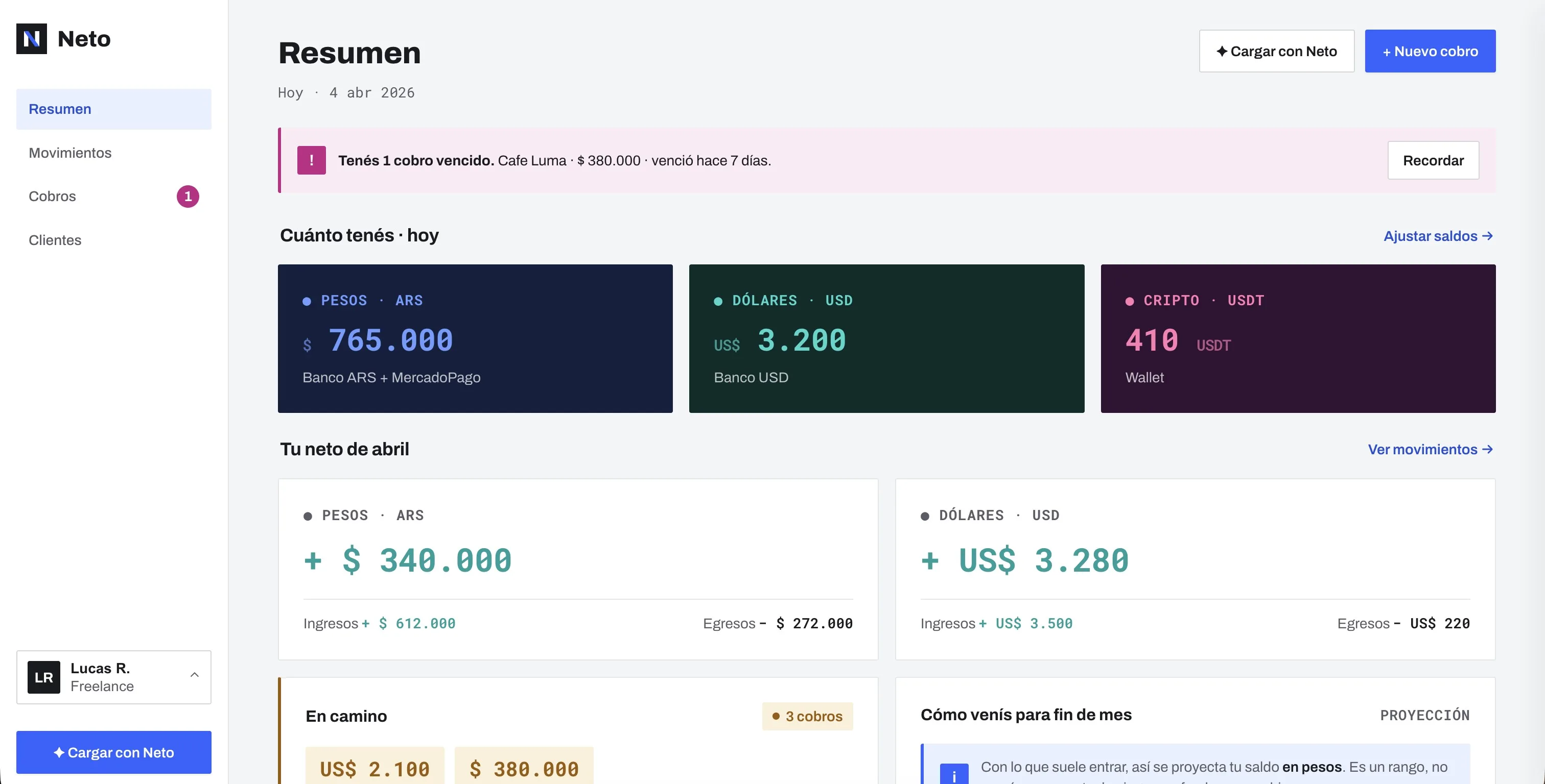 Neto's Summary screen: net per currency, an overdue alert, and money still on the way kept apart from what's in.