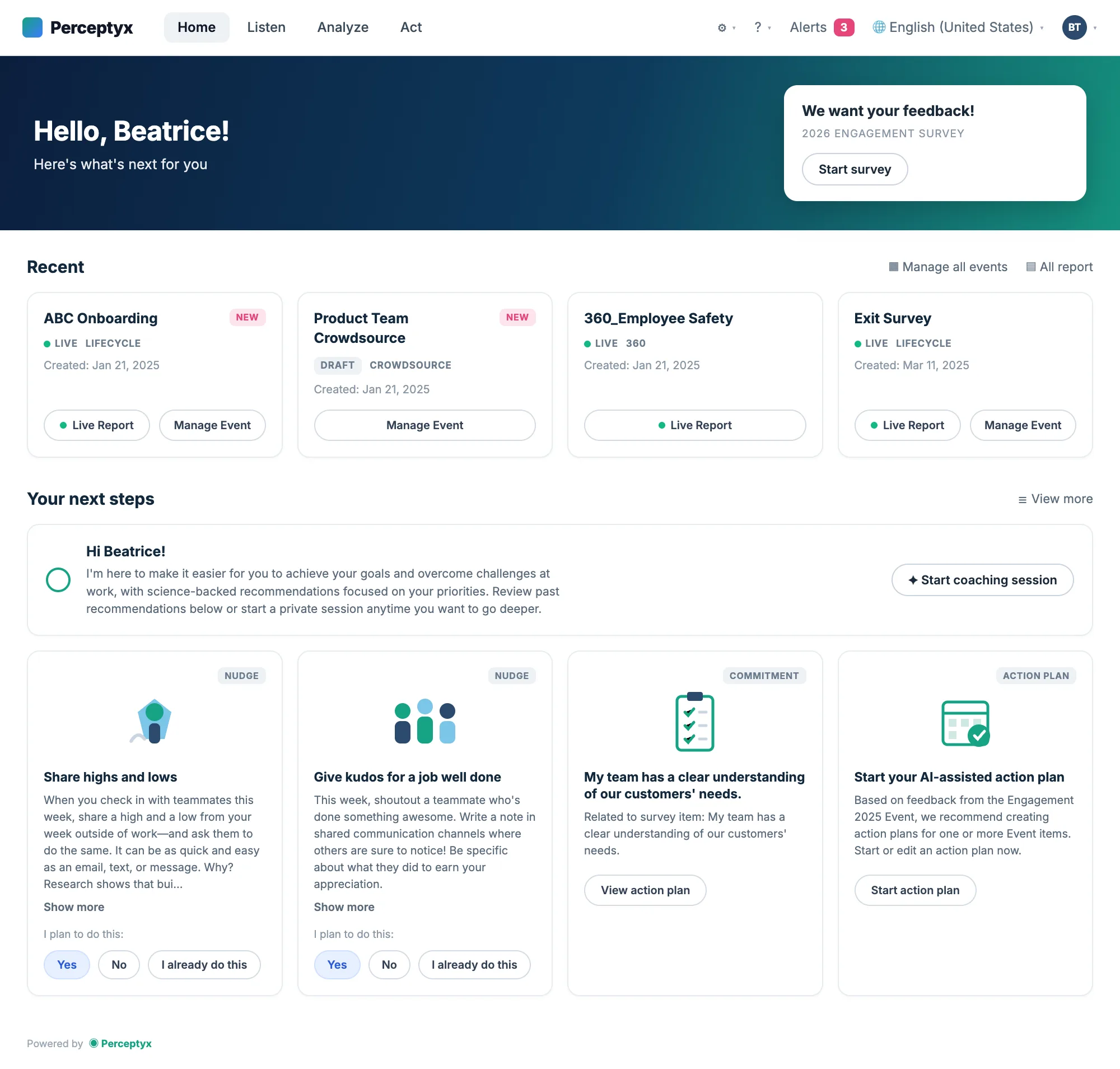 The home dashboard that shipped: recent events, recommended next steps, and quick actions.