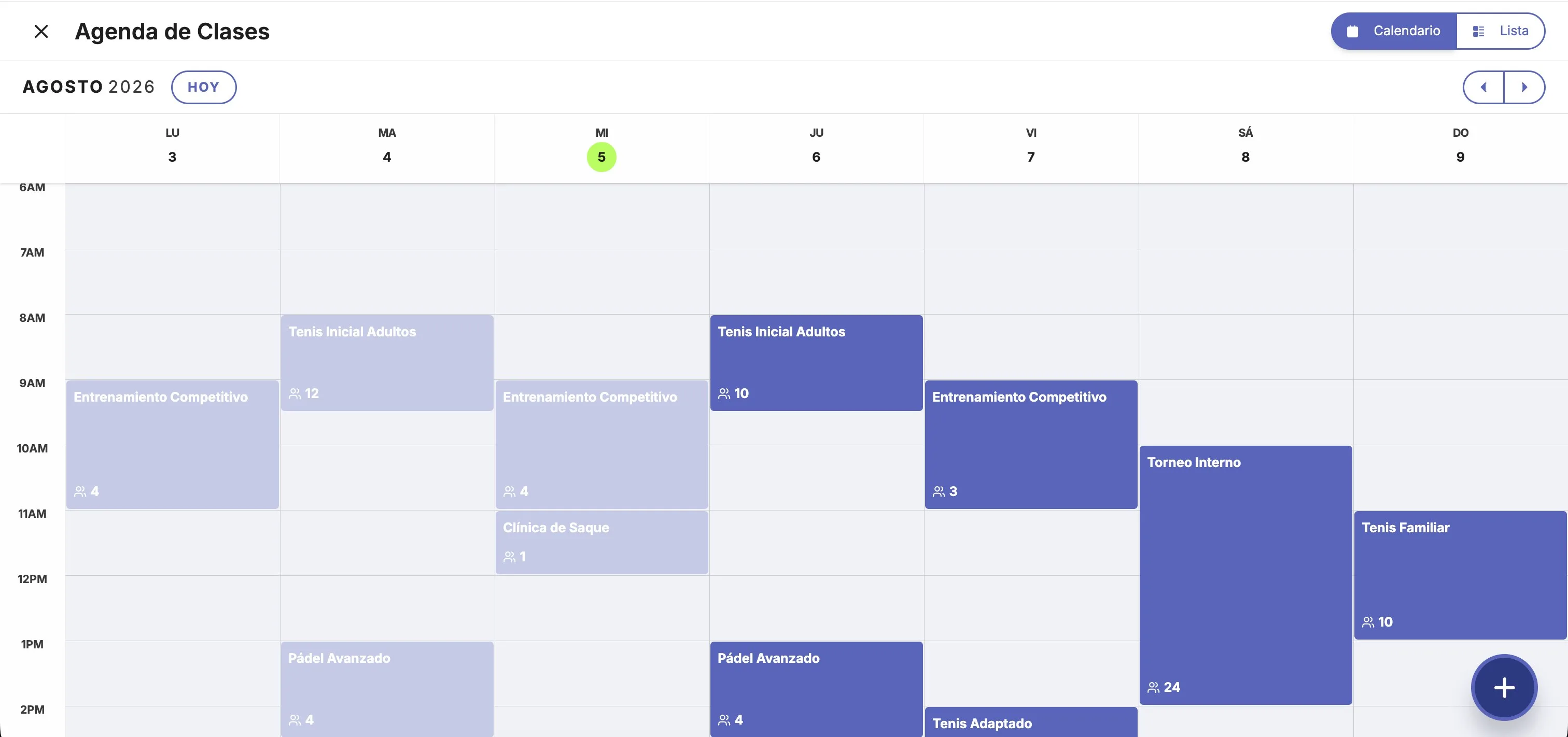 Turni's weekly agenda calendar for the trainer, with classes across the week.