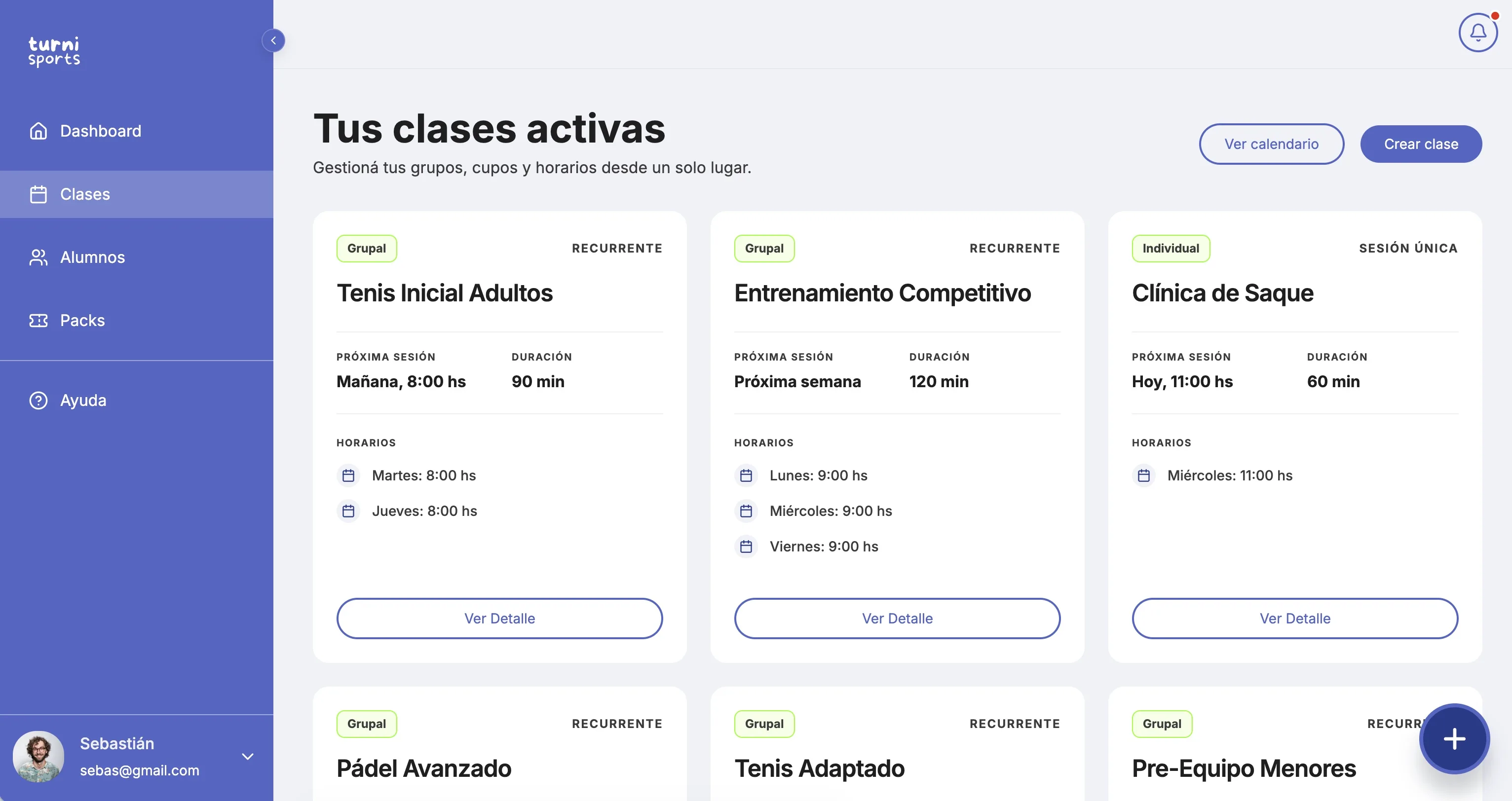 Turni's trainer dashboard: active classes with schedules, duration and details.