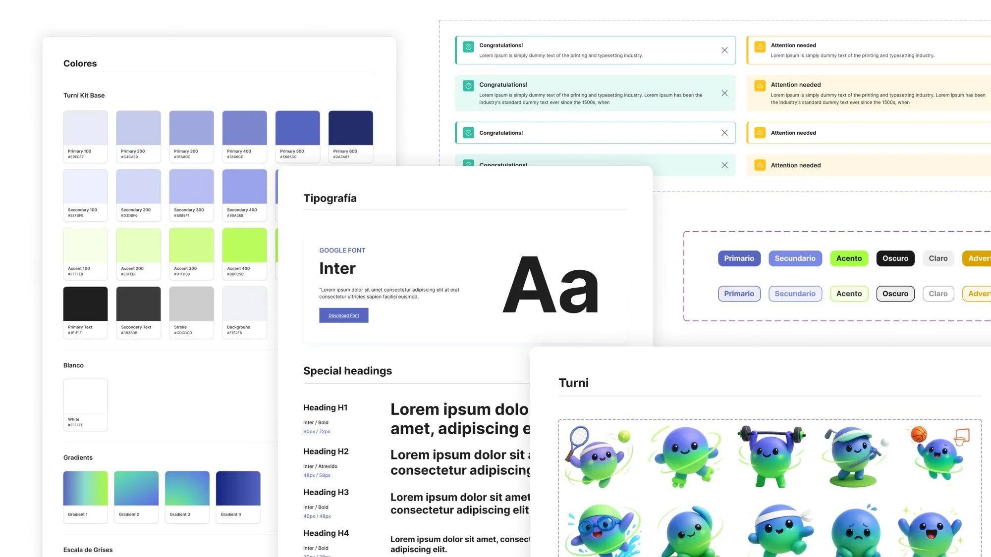 Turni design system, colors, typography, buttons, alerts, and the brand mascot.