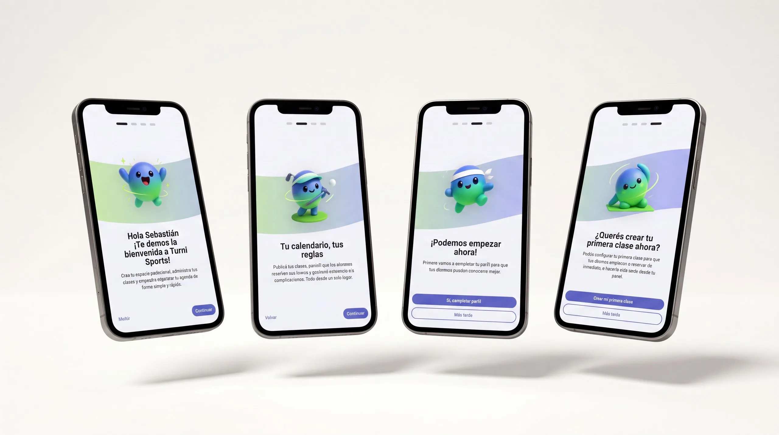 Turni on four phones, showing the trainer's onboarding flow: welcome, calendar, and creating a first class.