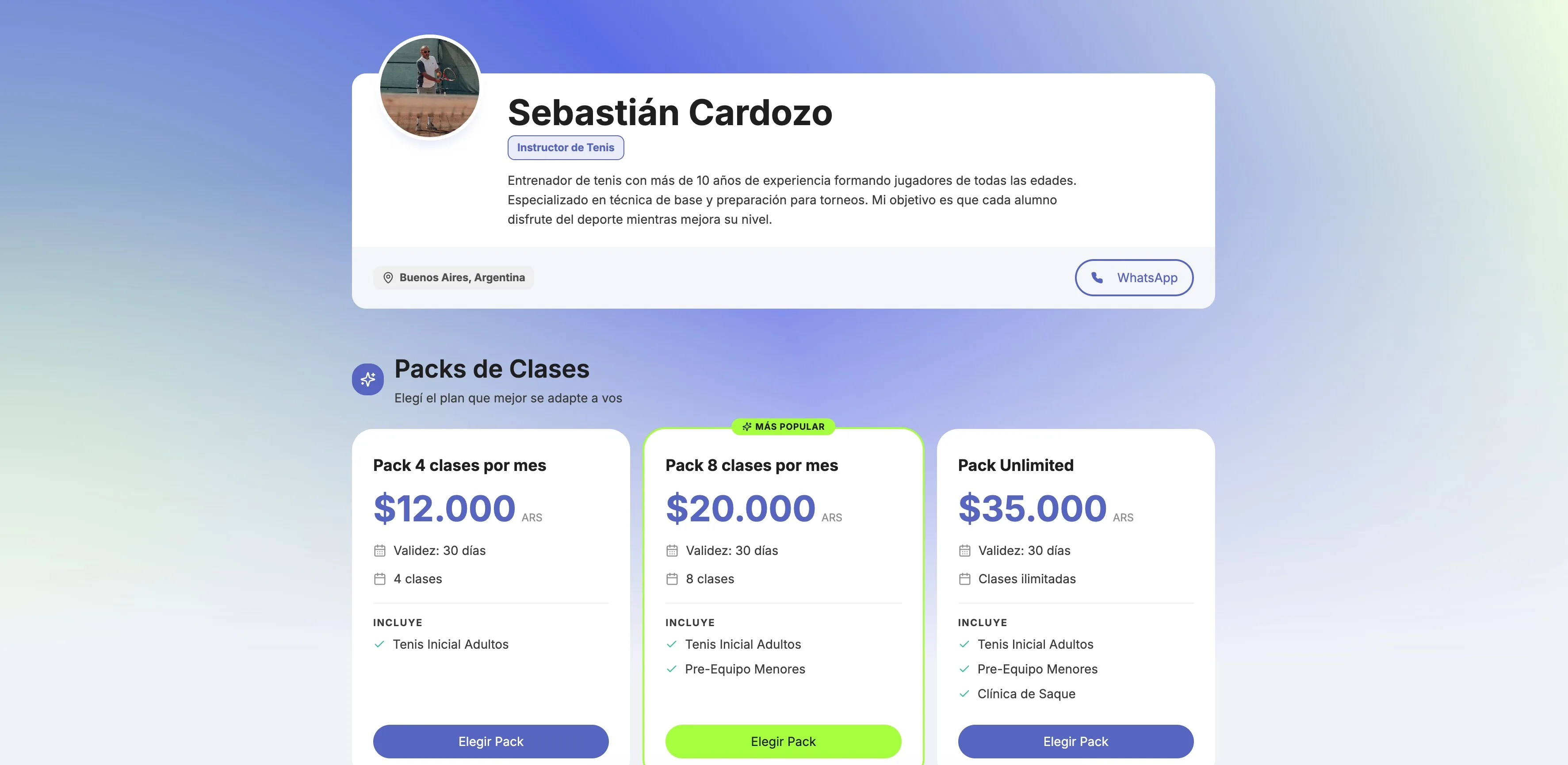 Turni's public page: a trainer's profile and class packs, where students subscribe.